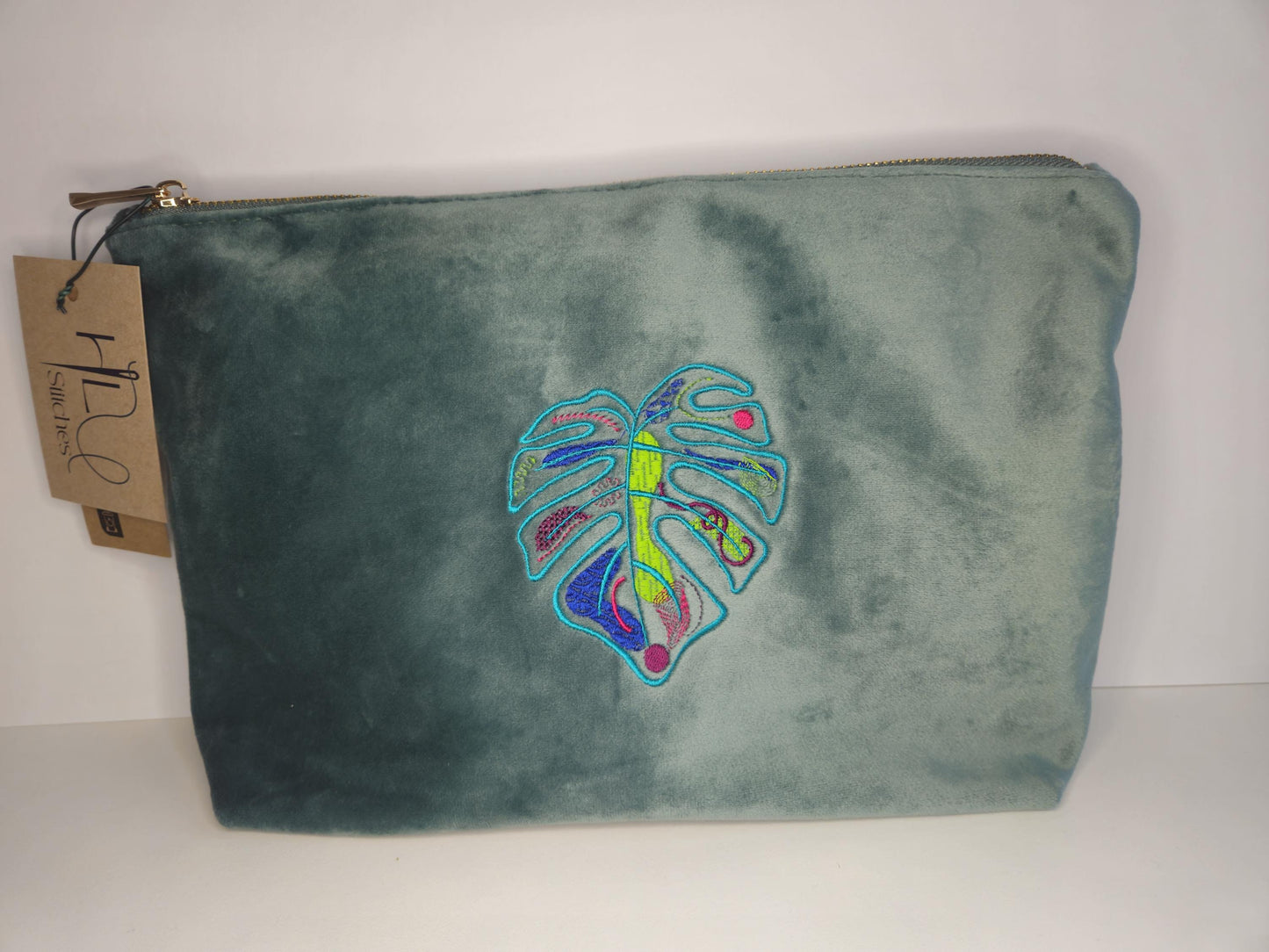 Recycled Velvet Pouch with Monstera Leaf Embroidery | Sustainable Makeup or Travel Pouch | Luxurious Sage Green Colour