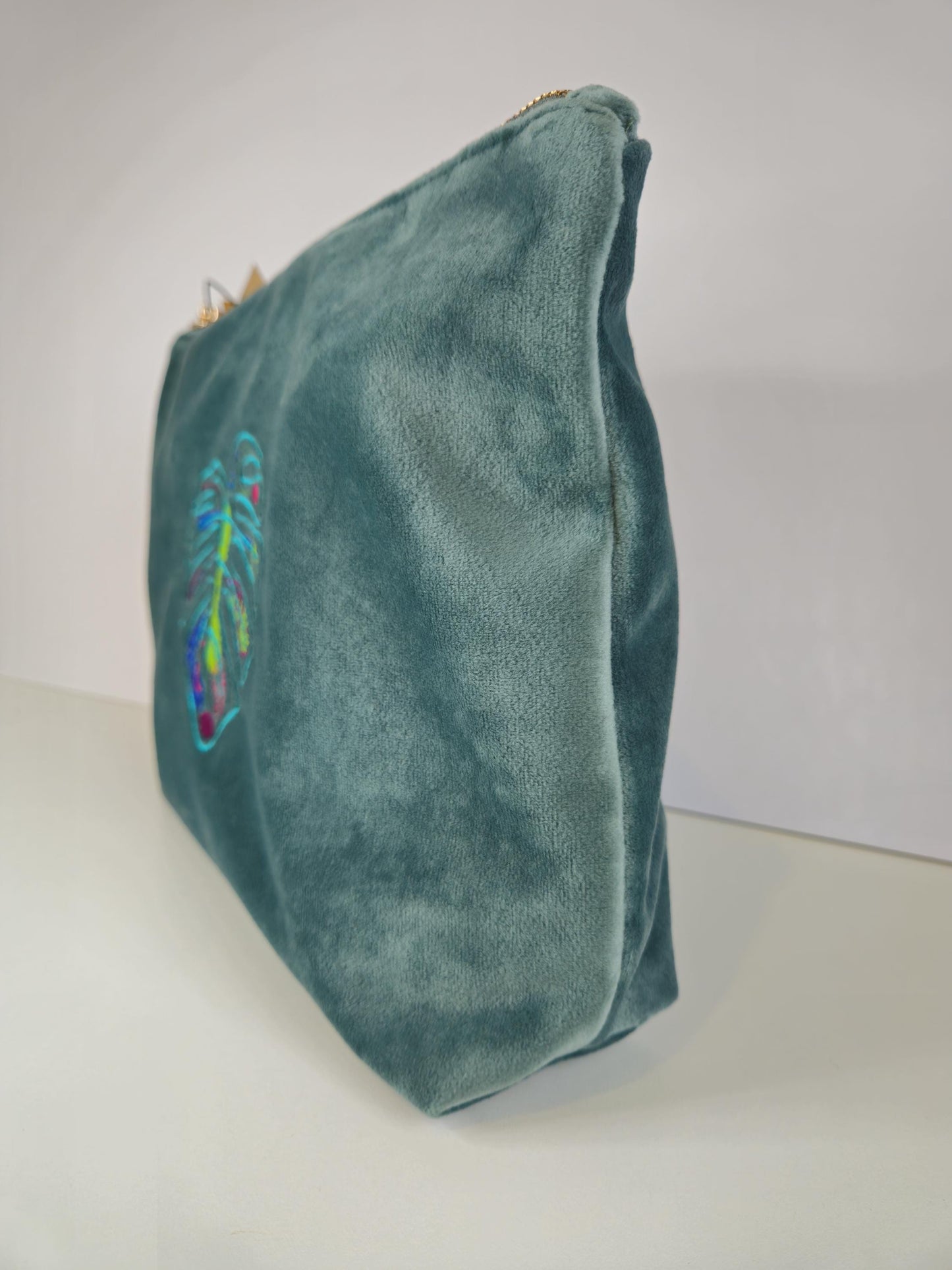 Recycled Velvet Pouch with Monstera Leaf Embroidery | Sustainable Makeup or Travel Pouch | Luxurious Sage Green Colour