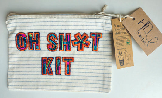 Organic cotton Striped Bag with 'OH SH*T KIT' in Blue and orange Embroidery | Storage | Travel case | zip | craft case | makeup bag