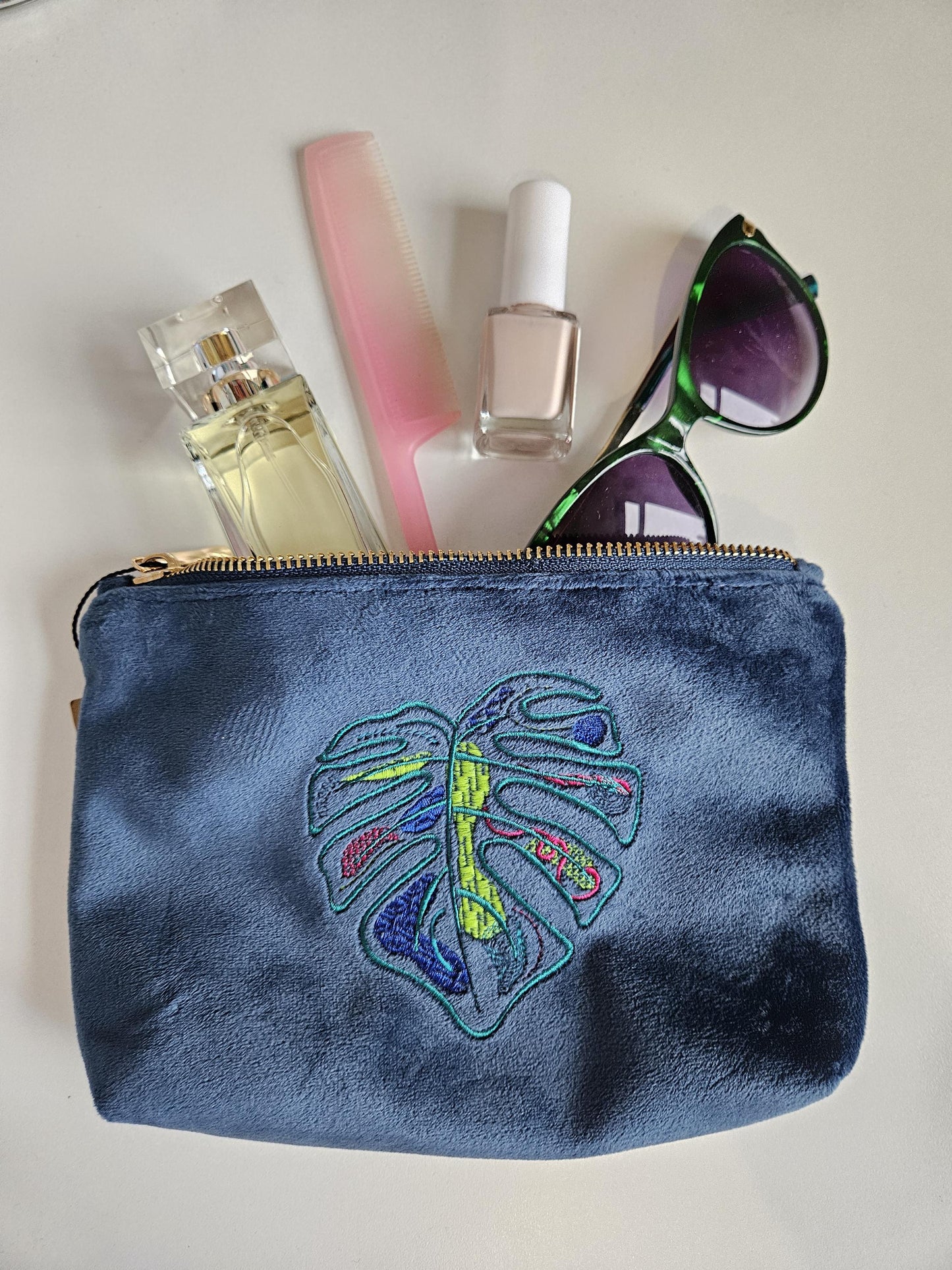 Eco-Friendly Velvet Makeup Bag Pouch | Monstera Leaf Embroidered in Green, Turquoise & Pink | Travel Case | Luxurious Dark Green Colour