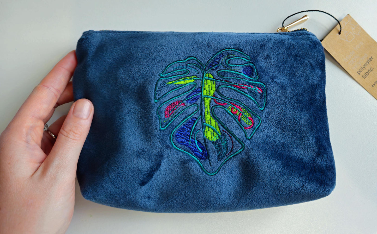 Eco-Friendly Velvet Makeup Bag Pouch | Monstera Leaf Embroidered in Green, Turquoise & Pink | Travel Case | Luxurious Dark Green Colour