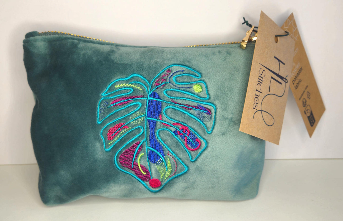 Eco-Friendly Velvet Makeup Bag Pouch | Monstera Leaf Embroidered in Green, Turquoise & Pink | Travel Case | Luxurious Dark Green Colour