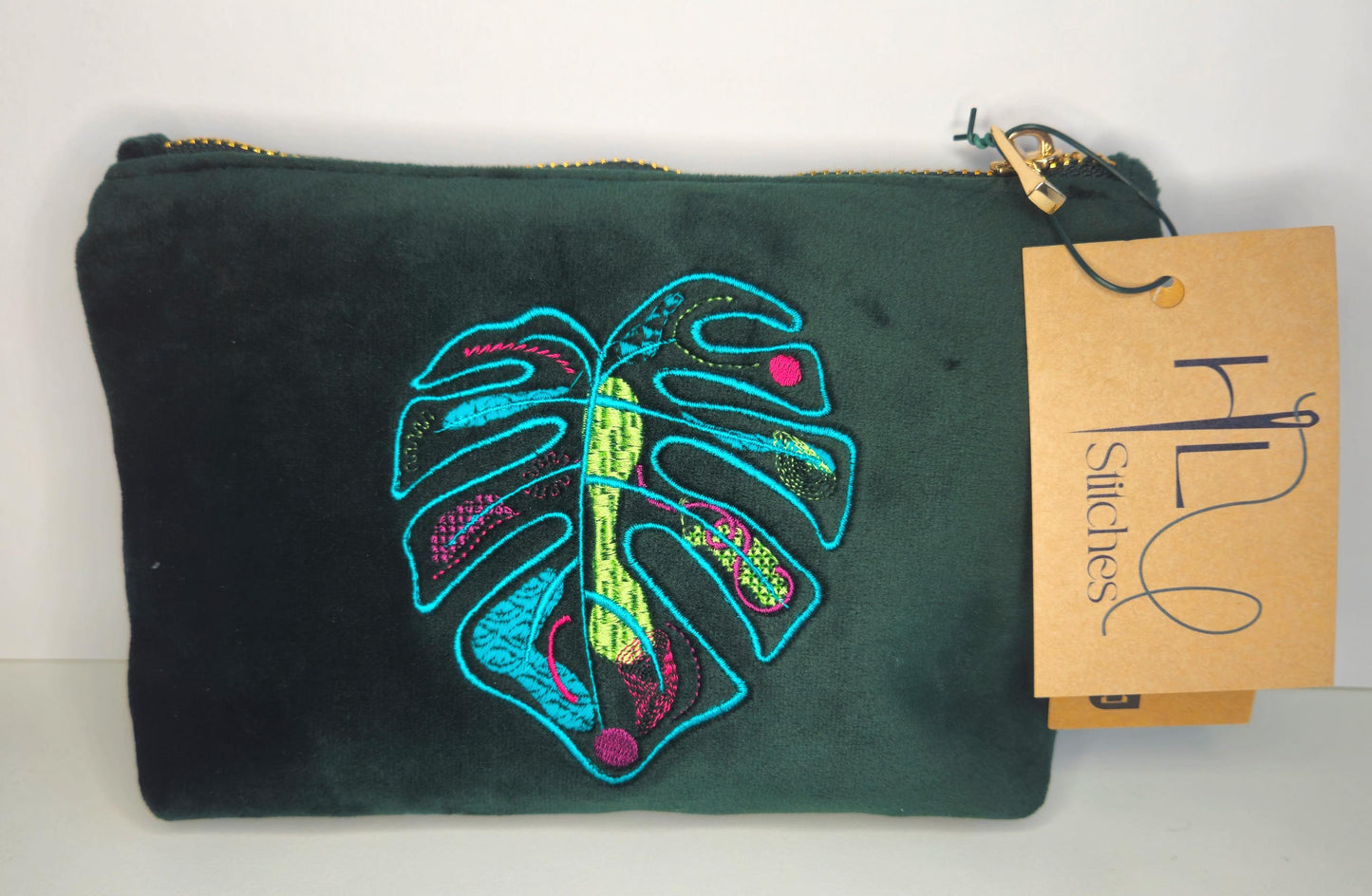 Eco-Friendly Velvet Makeup Bag Pouch | Monstera Leaf Embroidered in Green, Turquoise & Pink | Travel Case | Luxurious Dark Green Colour