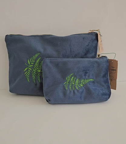 Luxurious Velvet Pouch with Fern Embroidery – Sustainable Gift or Travel Accessory in Petrol Blue (Two Sizes)