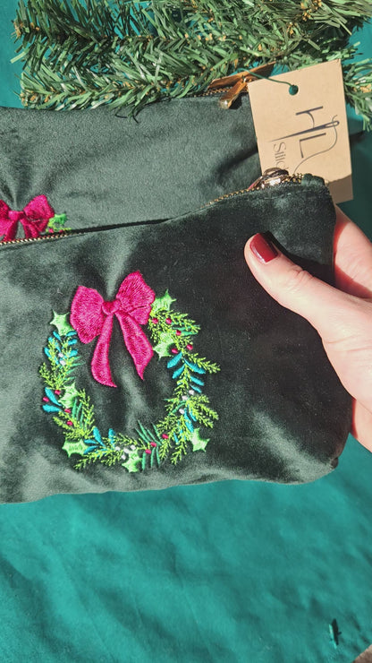 Luxurious Velvet Pouch with Christmas wreath embroidery (Two Sizes)