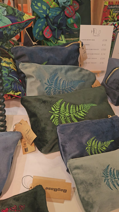 Luxurious Velvet Pouch with Fern Embroidery – Sustainable Gift or Travel Accessory in sage green/blue (Two Sizes)